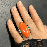 Eighteen Carat Coral, Diamond,Emerald And Black Onyx Cocktail Ring