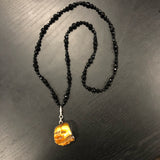 Sterling Silver Set Raw Amber Pendant On Black Onyx Beads