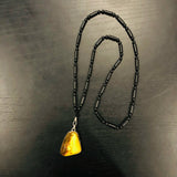 Sterling Silver Raw Amber Set Pendant On Black Agate Beads