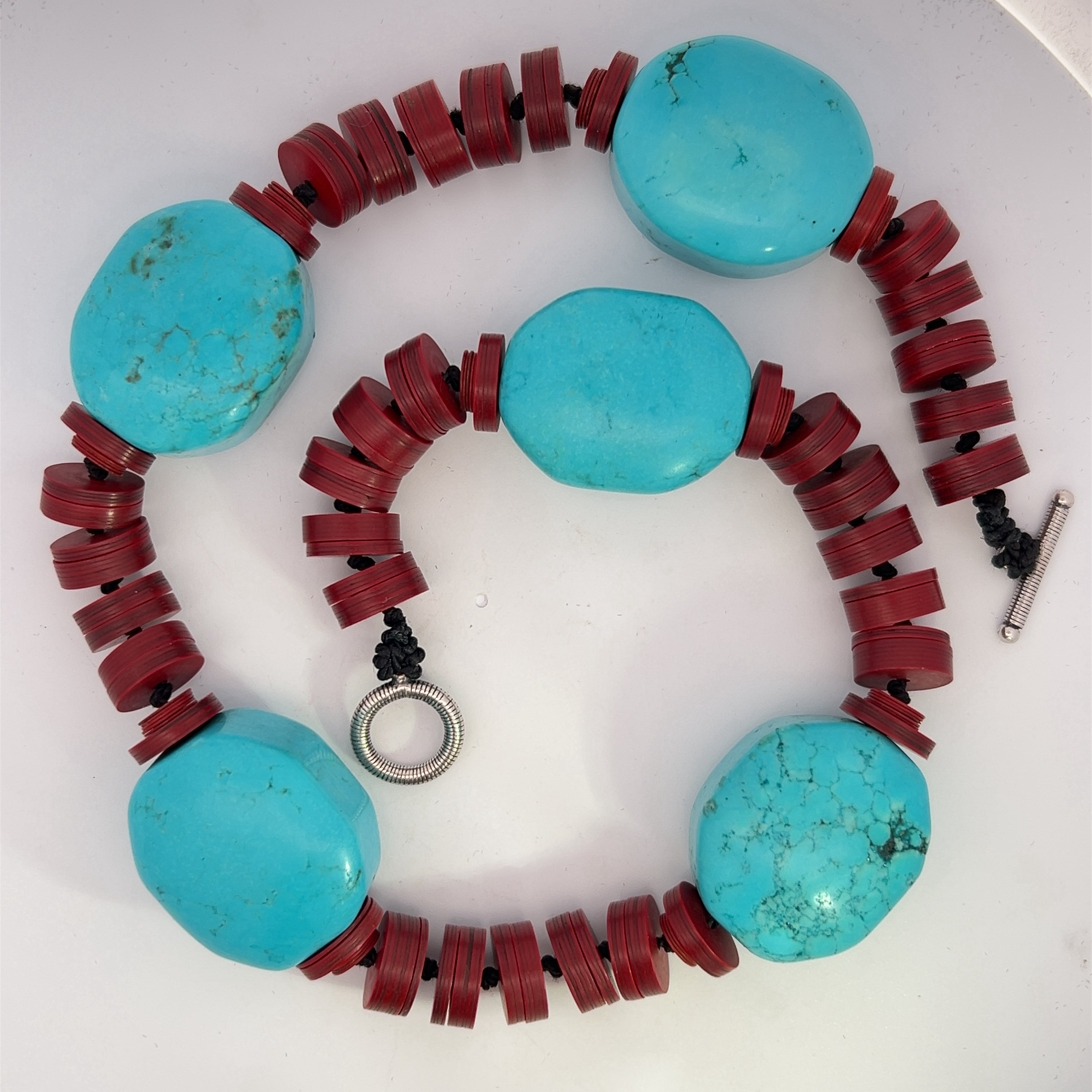 Large Blue Stone And Red Vulcanite Necklace