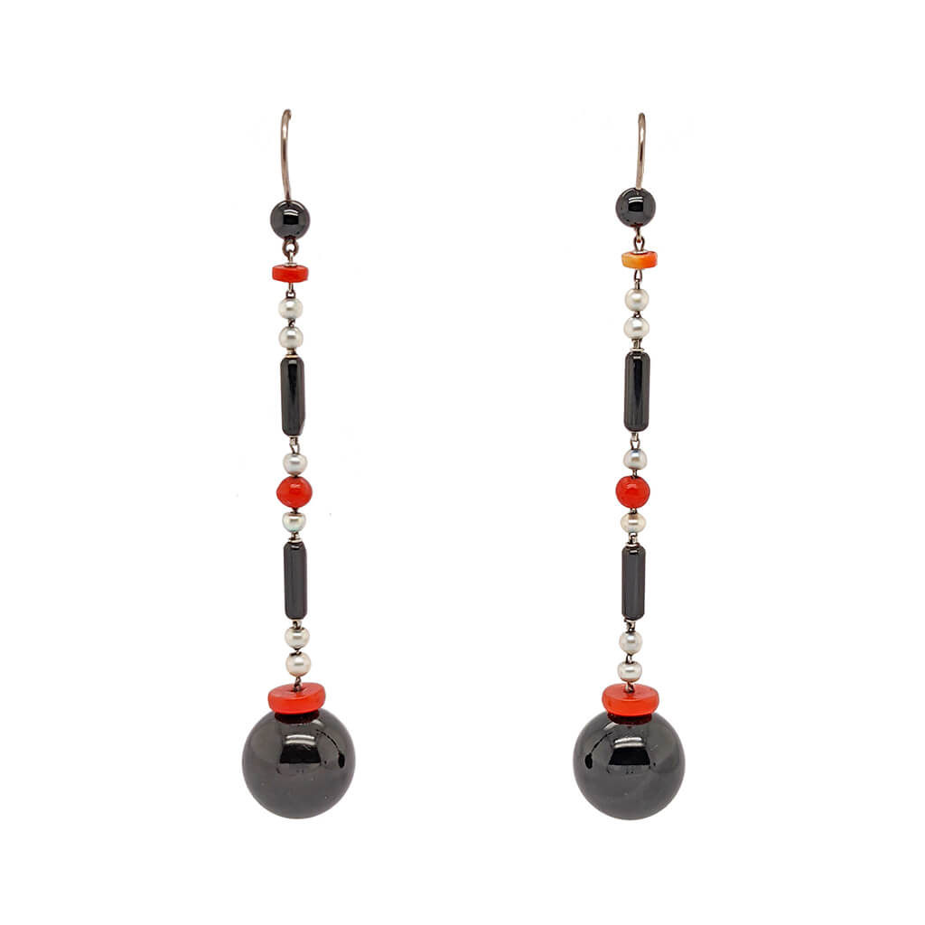 Art Deco Onyx and Coral Drop Earrings